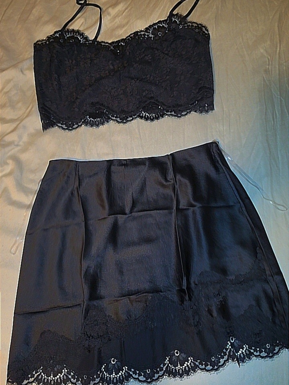Victoria's Secret Black Satin Pencil Skirt Set with Lace Trim